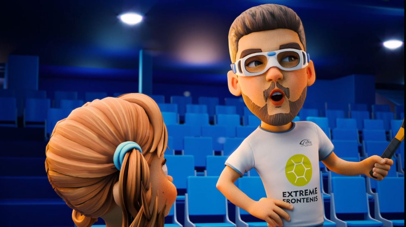 imagen estilo cartoon, del jugador de frontenis, Victor Molina enseñando técnicas del deporte a una niña. 